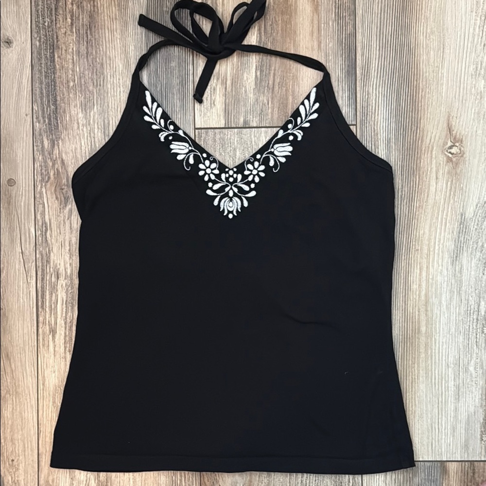 LOFT Black Halter Tank Top Built in Bra Embroidered Floral V Neck Size M
